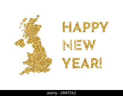 Illustrazione vettoriale isolata con mappa semplificata del Regno Unito di Gran Bretagna e Irlanda del Nord. Texture glitter oro lucido. Decorazione di Capodanno Illustrazione Vettoriale
