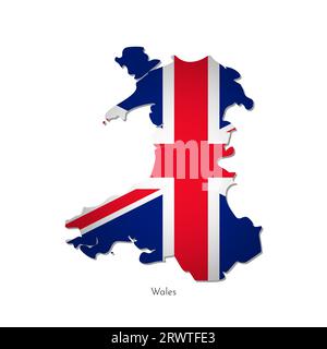 Illustrazione vettoriale isolata con mappa silhouette of Wales (Regno Unito di Gran Bretagna e Irlanda). Bandiera nazionale britannica con croce (rossa, bianca, Illustrazione Vettoriale