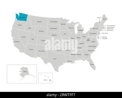 Illustrazione vettoriale isolata della mappa amministrativa semplificata degli Stati Uniti. Confini degli stati con nomi. Silhouette blu di Washington (stato). Illustrazione Vettoriale