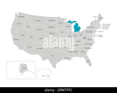 Illustrazione vettoriale isolata della mappa amministrativa semplificata degli Stati Uniti. Confini degli stati con nomi. Silhouette blu del Michigan (stato). Illustrazione Vettoriale