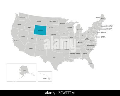 Illustrazione vettoriale isolata della mappa amministrativa semplificata degli Stati Uniti. Confini degli stati con nomi. Silhouette blu del Wyoming (stato). Illustrazione Vettoriale