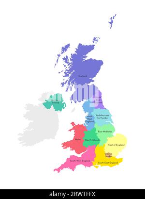 Illustrazione vettoriale isolata della mappa amministrativa semplificata del Regno Unito di Gran Bretagna e Irlanda del Nord. Confini e nomi del re Illustrazione Vettoriale