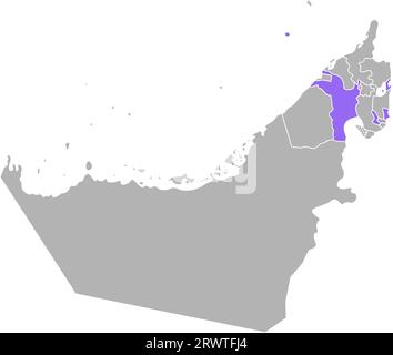 Illustrazione colorata semplificata con isolamento vettoriale con silhouette grigia degli Emirati Arabi Uniti (UAE), contorno viola della regione di Sharjah e contorno bianco Illustrazione Vettoriale