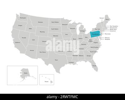 Illustrazione vettoriale isolata della mappa amministrativa semplificata degli Stati Uniti. Confini degli stati con nomi. Silhouette blu della Pennsylvania (stato). Illustrazione Vettoriale