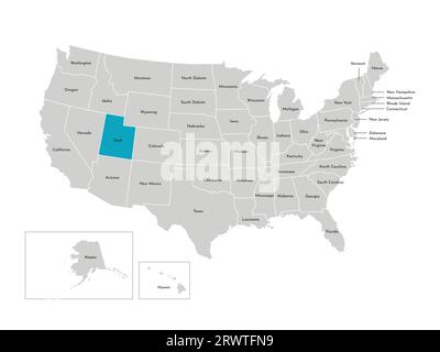Illustrazione vettoriale isolata della mappa amministrativa semplificata degli Stati Uniti. Confini degli stati con nomi. Silhouette blu dello Utah (stato). Illustrazione Vettoriale