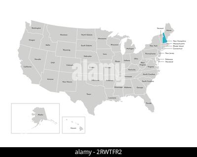 Illustrazione vettoriale isolata della mappa amministrativa semplificata degli Stati Uniti. Confini degli stati con nomi. Silhouette blu del New Hampshire (stato). Illustrazione Vettoriale