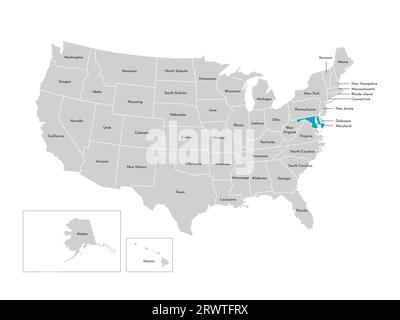 Illustrazione vettoriale isolata della mappa amministrativa semplificata degli Stati Uniti. Confini degli stati con nomi. Silhouette blu del Maryland (stato). Illustrazione Vettoriale