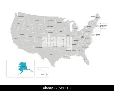 Illustrazione vettoriale isolata della mappa amministrativa semplificata degli Stati Uniti. Confini degli stati con nomi. Silhouette blu dell'Alaska (stato). Illustrazione Vettoriale