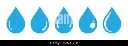 Gocce d'acqua di colore blu cielo. Forma a goccia d'acqua. Set di gocce d'acqua blu. Gocce d'acqua o d'olio. Stile piatto isolato su sfondo bianco - Vector Art Illustrazione Vettoriale