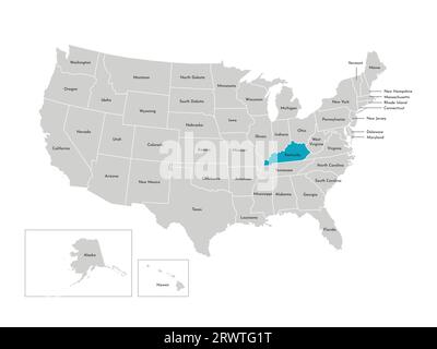 Illustrazione vettoriale isolata della mappa amministrativa semplificata degli Stati Uniti. Confini degli stati con nomi. Silhouette blu del Kentucky (stato). Illustrazione Vettoriale