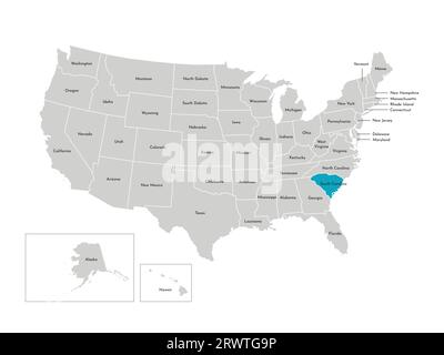 Illustrazione vettoriale isolata della mappa amministrativa semplificata degli Stati Uniti. Confini degli stati con nomi. Silhouette blu del South Carolina (stato). Illustrazione Vettoriale