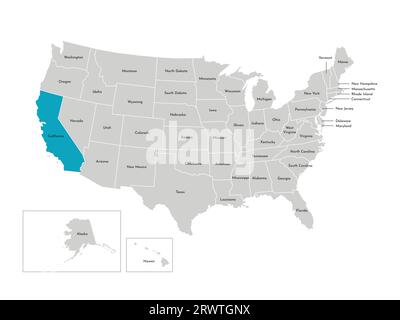 Illustrazione vettoriale isolata della mappa amministrativa semplificata degli Stati Uniti. Confini degli stati con nomi. Silhouette blu della California (stato). Illustrazione Vettoriale