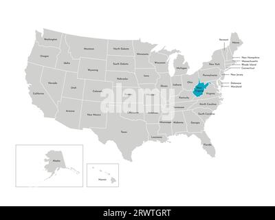 Illustrazione vettoriale isolata della mappa amministrativa semplificata degli Stati Uniti. Confini degli stati con nomi. Silhouette blu del West Virginia (stato). Illustrazione Vettoriale