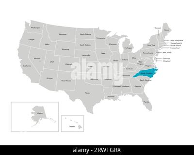 Illustrazione vettoriale isolata della mappa amministrativa semplificata degli Stati Uniti. Confini degli stati con nomi. Silhouette blu del North Carolina (stato). Illustrazione Vettoriale