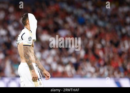 Joselu Mato del Real Madrid durante la UEFA Champions League, gruppo C, partita di calcio giocata tra Real Madrid e Union Berlin allo stadio Santiago Bernabeu il 20 settembre 2023, a Madrid, in Spagna. Foto Oscar J. Barroso / SpainDPPI / DPPI Foto Stock