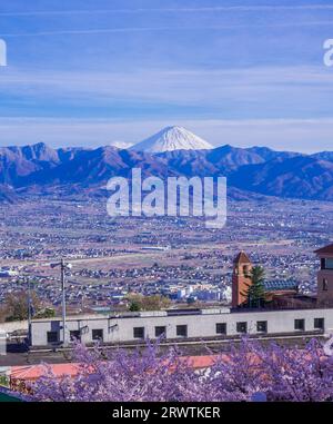 Paesaggi di Yamanashi fiori di ciliegio e bacino di Kofu, vista a distanza del Monte Fuji al Fuefukigawa Fruit Park Foto Stock