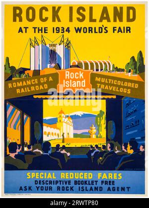Rock Island, 1934 World's Fair, Chicago, poster di viaggio vintage americano, 1934 Foto Stock