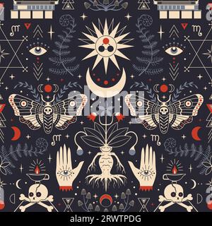 Motivo gotico stravagante con simboli alchimia e occulto Illustrazione Vettoriale