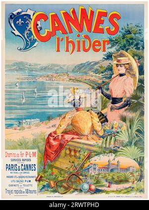 Poster di viaggio vintage francese degli anni '1890, Winter in Cannes, Chemins de fer PLM (PLM Railways), 1892 Foto Stock