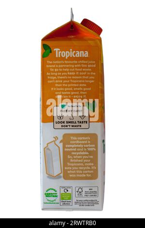 Informazioni sulla scatola di Tropicana Orange con parti extra succose isolate su sfondo bianco - succo d'arancia bevanda Foto Stock