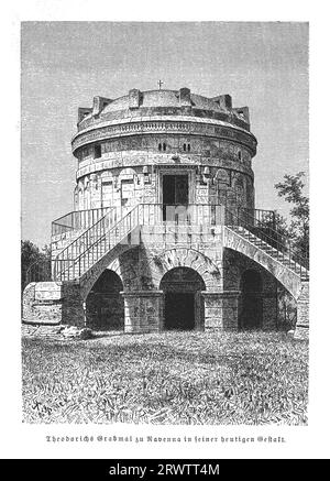 Mausoleo di Teodorico a Ravenna, costruito nel 530 d.C. da Teodorico il grande , re degli Ostrogoti e sovrano d'Italia come sua futura tomba, incisione d'epoca Foto Stock