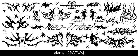 Set forme tribali Y2K Neo. Forme etniche astratte in stile gotico. elementi cyber moderni per il tatuaggio. Illustrazione vettoriale Illustrazione Vettoriale