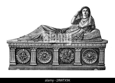 Arte funeraria etrusca, sarcofago in terracotta a grandezza naturale di Seianti Hanunia Tlesnasa, , nobildonna etrusca (150–140 a.C.), rinvenuto a chiusi, oggi al British Museum Foto Stock