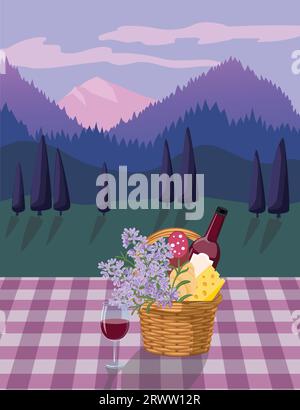 Illustrazione vettoriale disegnata a mano di un cestino di vimini da picnic e un bicchiere di vino con paesaggio montano Illustrazione Vettoriale