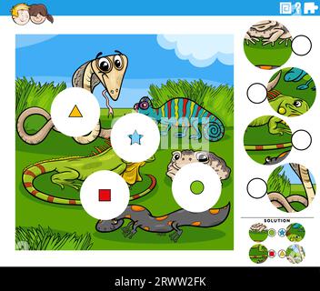 Illustrazione a cartoni animati di un gioco educativo abbina i pezzi puzzle con rettili e personaggi animali anfibi Illustrazione Vettoriale