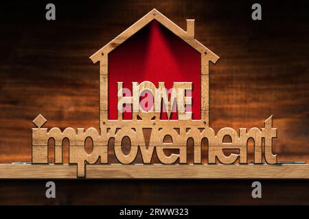 Piccola casa modello in legno con miglioramento della casa del testo su un banco di lavoro e uno spazio di copia. Illustrazione 3D. Foto Stock