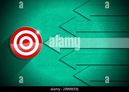Illustrazione 3D di un grande gruppo di frecce verdi che vanno verso il target rosso e bianco. Concetto di successo o obiettivo. Foto Stock