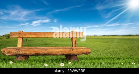 Panchina in legno vuota fatta di tronchi d'albero su un paesaggio di campagna, pascolo verde, erba, fiori di margherita, cielo blu con nuvole e raggi solari. Foto Stock