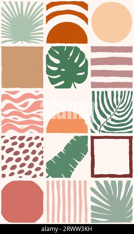 Motivo piastrellato beige senza cuciture. Piante esotiche disegnate a mano, foglie tropicali, onde, strisce, sole, decorazioni di sfondo a puntini. Illustrazione della giungla verde boho vettoriale Illustrazione Vettoriale