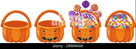 Set di cesti di Halloween, pieni di caramelle e vuoti. Borsa a forma di zucca per bambini. Cestino di dolci e dolcetti di Halloween. Illu. Vettoriale cartone animato Illustrazione Vettoriale