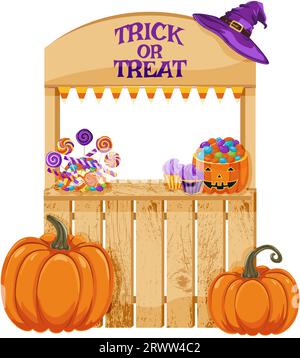 In piedi con gli oggetti di Halloween. Cabina di legno con zucca, dolci, cupcake, ghirlande con bandiere. Decorazione decorativa per festeggiare Halloween. Vettore i Illustrazione Vettoriale