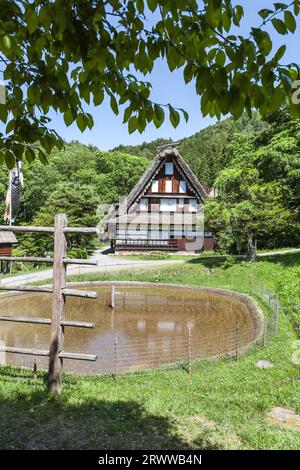 Hida-no-sato Kurumada e Old Nishioka House nel villaggio di Hida Landscape Foto Stock