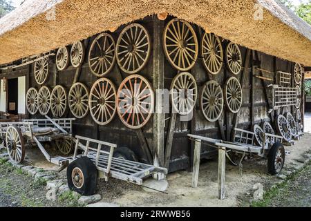 Carri del villaggio di Hida e una vista di molte ruote esposte sulla parete esterna Foto Stock