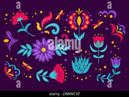 Set di fiori popolari messicani o slavi, gemme e foglie colorate, elementi di design per Day of the Dead dia de los Muertos o Cinco de Mayo Festival Illustrazione Vettoriale