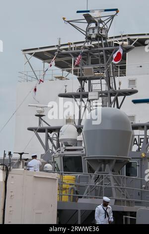 Yokusuka, Giappone. 21 settembre 2023. USV (Unmanned Surface Vessel Division ONE), USV (Unmanned Surface Vessel) 'Ranger' è visto ancorato alle attività della flotta Yokosuka a Kanagawa-Prefettura, Giappone giovedì 21 settembre 2023. USV 'Ranger' e 'Mariner' visitano Yokosuka il 18 settembre, per la prima volta durante il 'Integrated Battle Problem(IBP) 23.2' parte del 'Multi-domain Unmanned Capabilities Exercise'. Foto di Keizo Mori/UPI Credit: UPI/Alamy Live News Foto Stock