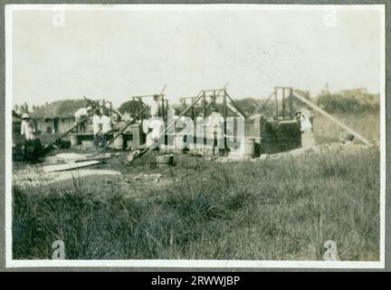 Una serie di otto foto "in corso" della costruzione di 4 case con struttura in legno e tetto in paglia e un laboratorio per il Native Industrial Training Depot presso il quale Charles Bungey era Chief Technical Instructor. Questa foto mostra un carrello bue che attraversa la pianura. Due bovini sono legati insieme e tirano un carro a ruote alte guidato da un uomo africano. Didascalia del manoscritto originale: Pupils Quarters N. I. T.D. Kabete. 1924. Foto Stock