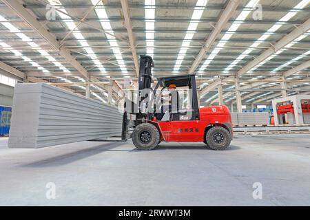 Contea di Luannan, Cina - 17 giugno 2023: I lavoratori utilizzano carrelli elevatori per trasportare nuovi materiali da costruzione in una fabbrica, nel nord della Cina Foto Stock