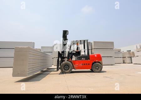 Contea di Luannan, Cina - 17 giugno 2023: I lavoratori utilizzano carrelli elevatori per trasportare nuovi materiali da costruzione in una fabbrica, nel nord della Cina Foto Stock