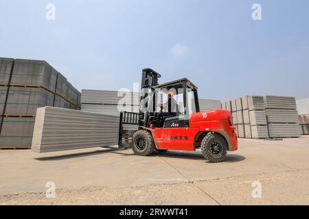 Contea di Luannan, Cina - 17 giugno 2023: I lavoratori utilizzano carrelli elevatori per trasportare nuovi materiali da costruzione in una fabbrica, nel nord della Cina Foto Stock