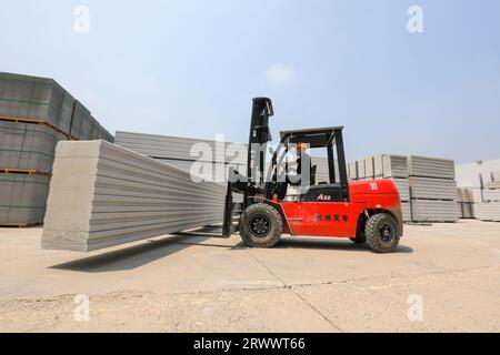 Contea di Luannan, Cina - 17 giugno 2023: I lavoratori utilizzano carrelli elevatori per trasportare nuovi materiali da costruzione in una fabbrica, nel nord della Cina Foto Stock