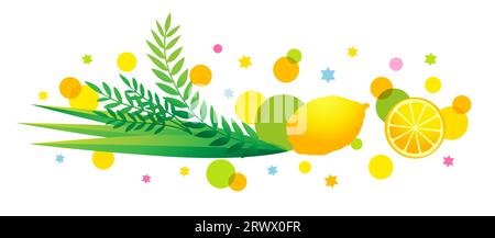 Simbolo tradizionale del Sukkot con etrog, lulav e cerchi colorati. Banner web festivo ebraico con foglie di palma, aravah e hadas. Illustrazione vettoriale Illustrazione Vettoriale