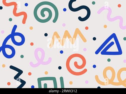 Design astratto con linee e forme colorate disegnate a mano. Semplice sfondo da scarabocchiare infantile con elementi luminosi e carini. Fantasia minimalista e divertente Illustrazione Vettoriale