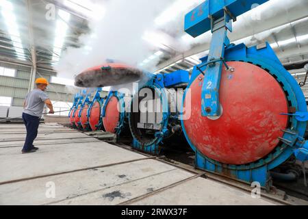 Contea di Luannan, Cina - 27 giugno 2023: I lavoratori stanno aprendo l'autoclave sulla linea di produzione di pannelli divisori leggeri in fabbrica Foto Stock