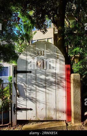 Porta curva bianca con cerniere nere e ingresso con testa di leone sull'ingresso della porta 331 Foto Stock