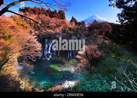 Cascate di Shiraito in inverno con neve e il monte Fuji Foto Stock