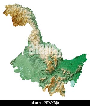 Heilongjiang. Una provincia della Cina. Rendering 3D dettagliato di una mappa di rilievo ombreggiata con fiumi e laghi. Colorato in base all'elevazione. Sfondo bianco puro. Foto Stock